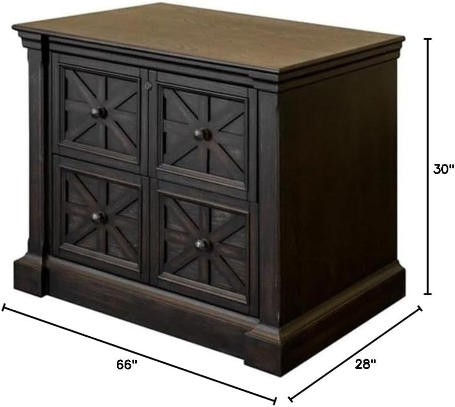 Front view of double-pedestal executive desk in distressed dark brown showing drawer panels and dimension lines