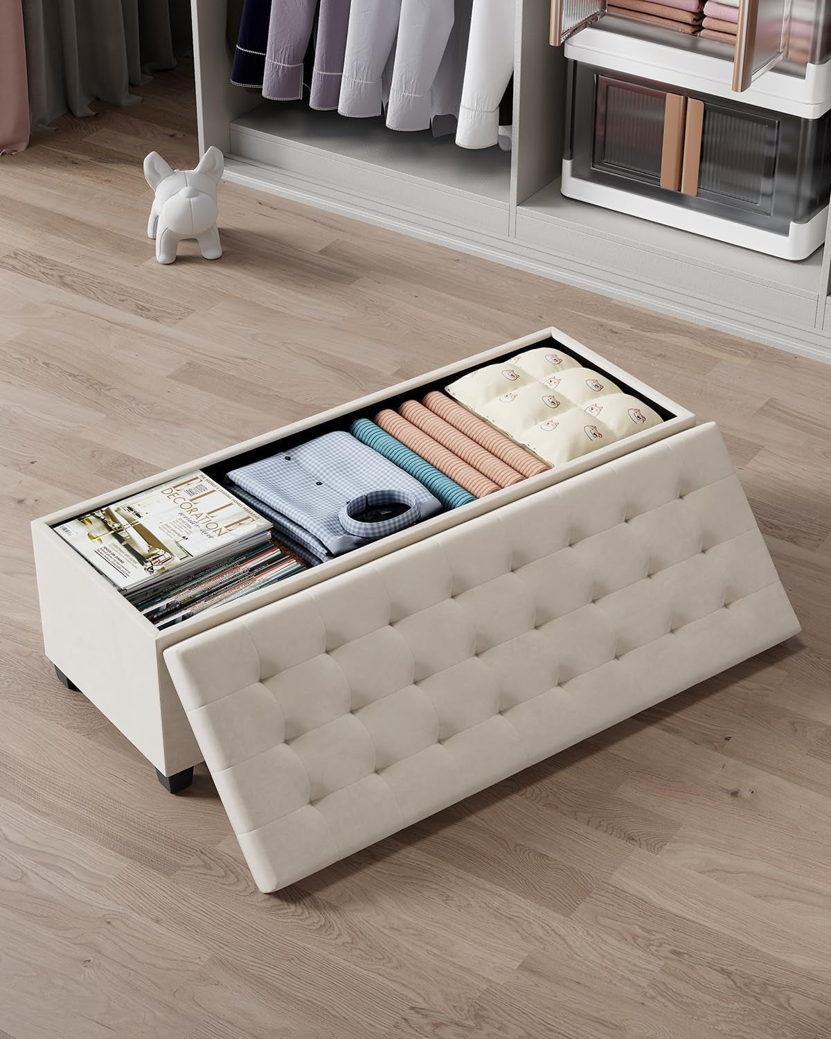 Top-down view of the bench with its tufted lid removed showing folded clothes and magazines inside.