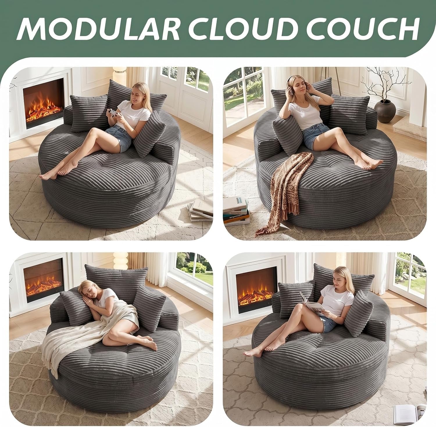 Collage of four views showing different modular arrangements of the round gray chaise with a woman lounging in each.
