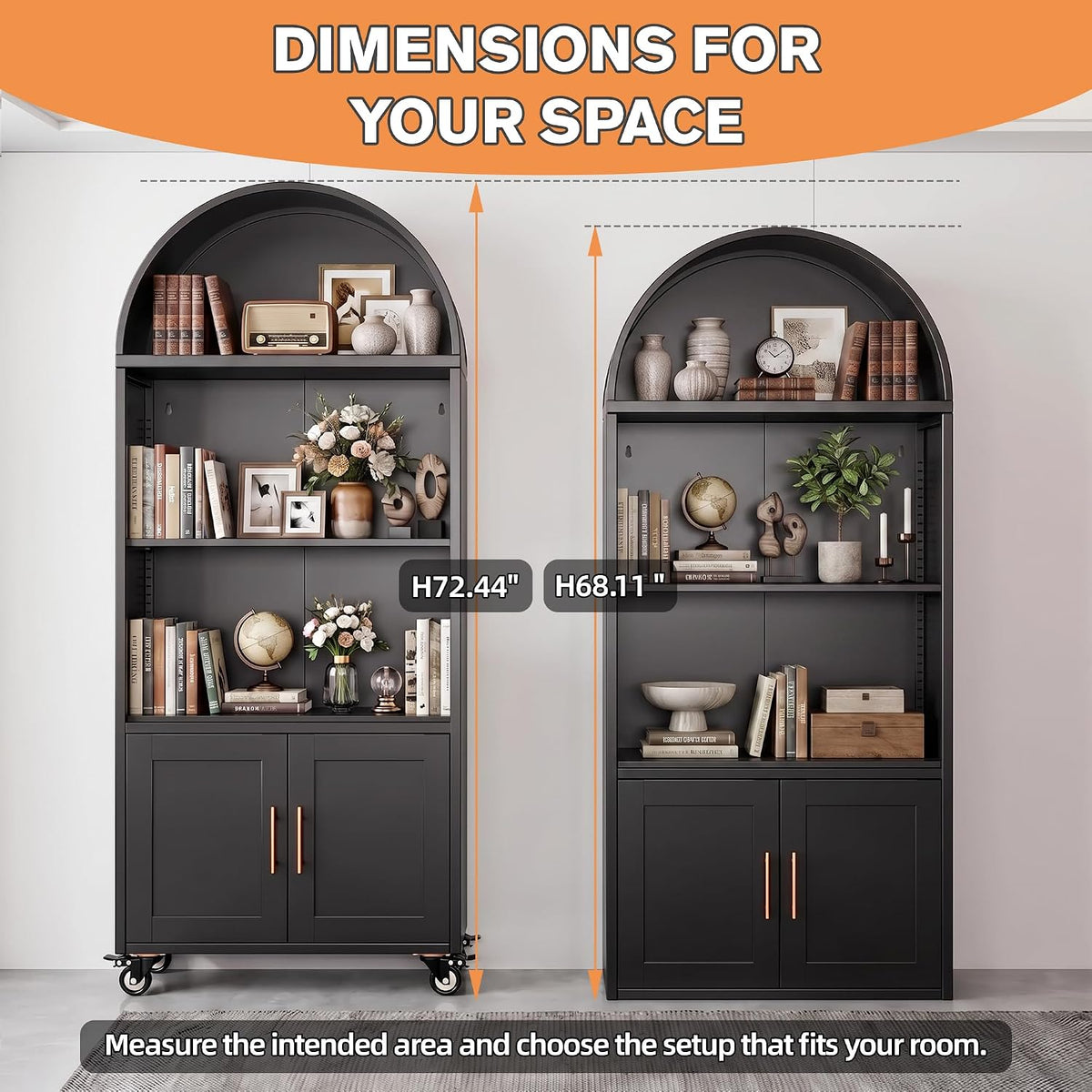 Two arched bookshelves with height callouts showing a 72.44-inch and a 68.11-inch option side-by-side
