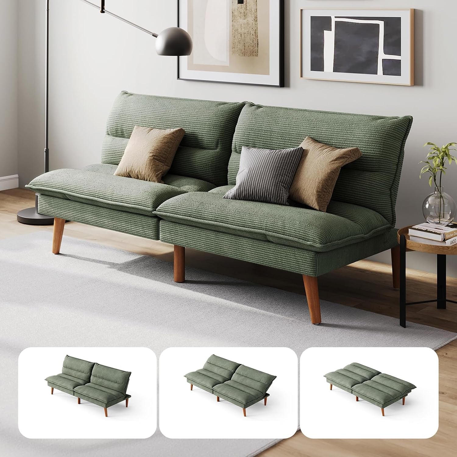 Green corduroy futon loveseat angled front view with wooden legs in a living room