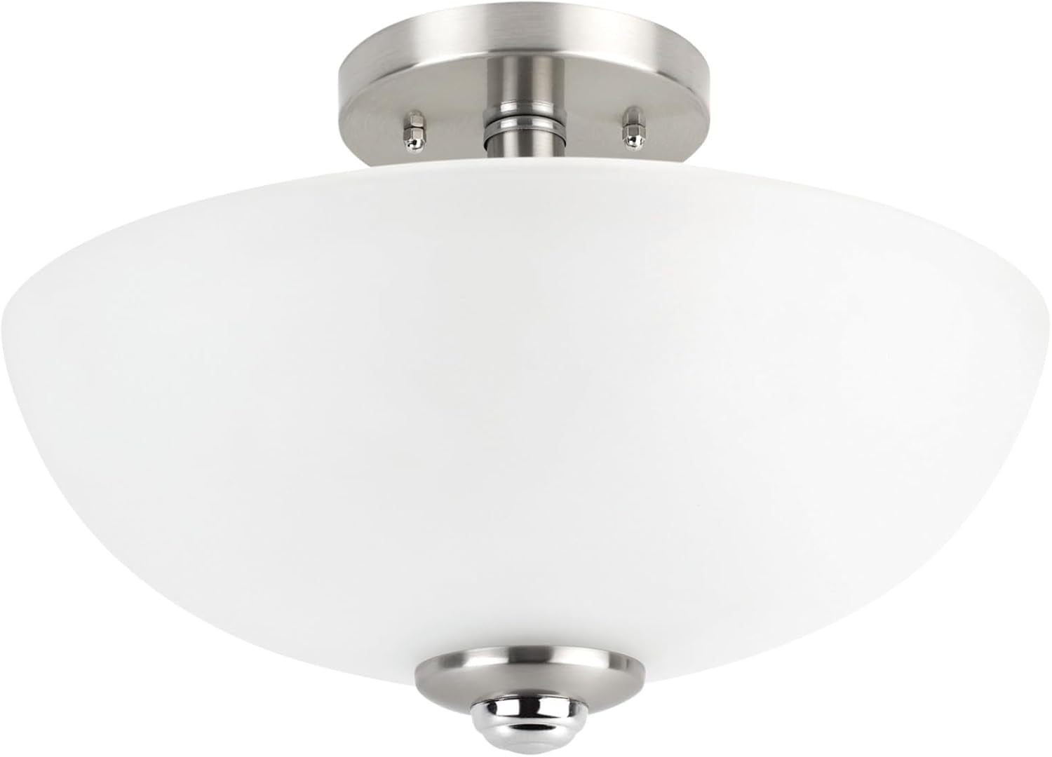 Underside close-up of a smooth white dome shade with a small round metal finial and round canopy above.