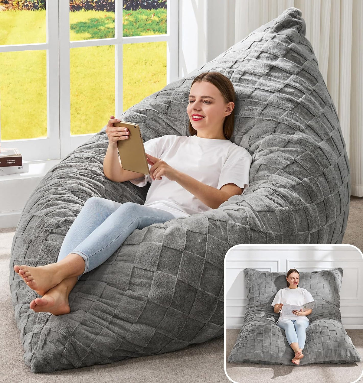 Woman using a textured gray large beanbag chair in a bright room, inset shows the same piece converted to a pillow-like