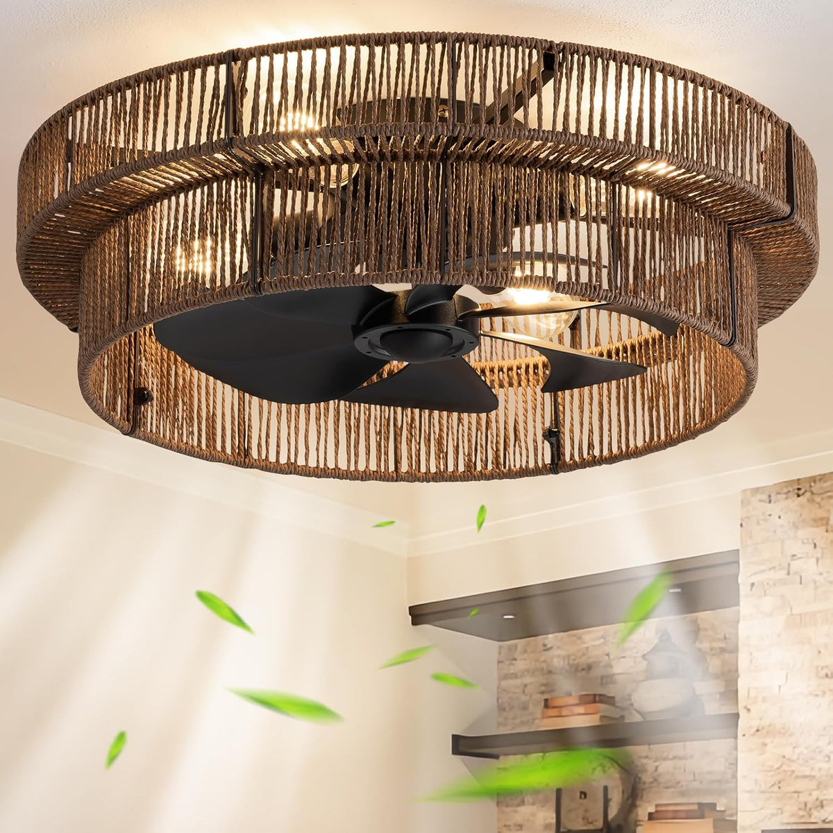 Perspective shot of a darker woven rattan shade with visible warm bulbs, black blades and floating green leaves.