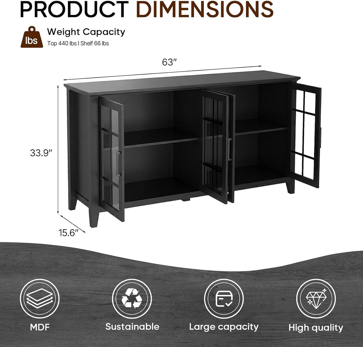 Grayscale diagram of the cabinet with open doors and arrows indicating width and height measurements.