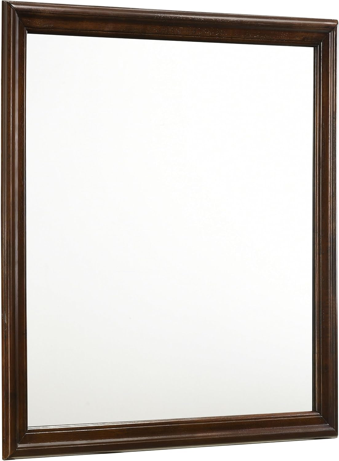 Rectangular mirror with a molded dark wood frame and clear reflective surface.