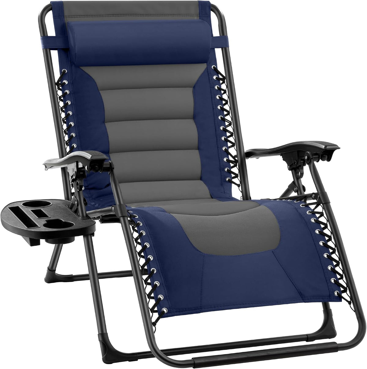 Three-quarter view of a navy and gray padded zero-gravity recliner showing armrests and cup-holder tray.