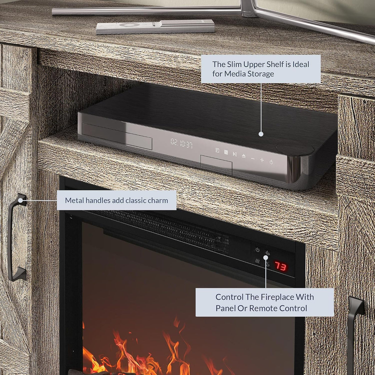 Close-up of the electric fireplace insert and adjacent metal handle on the barn-style door showing the flame effect and con