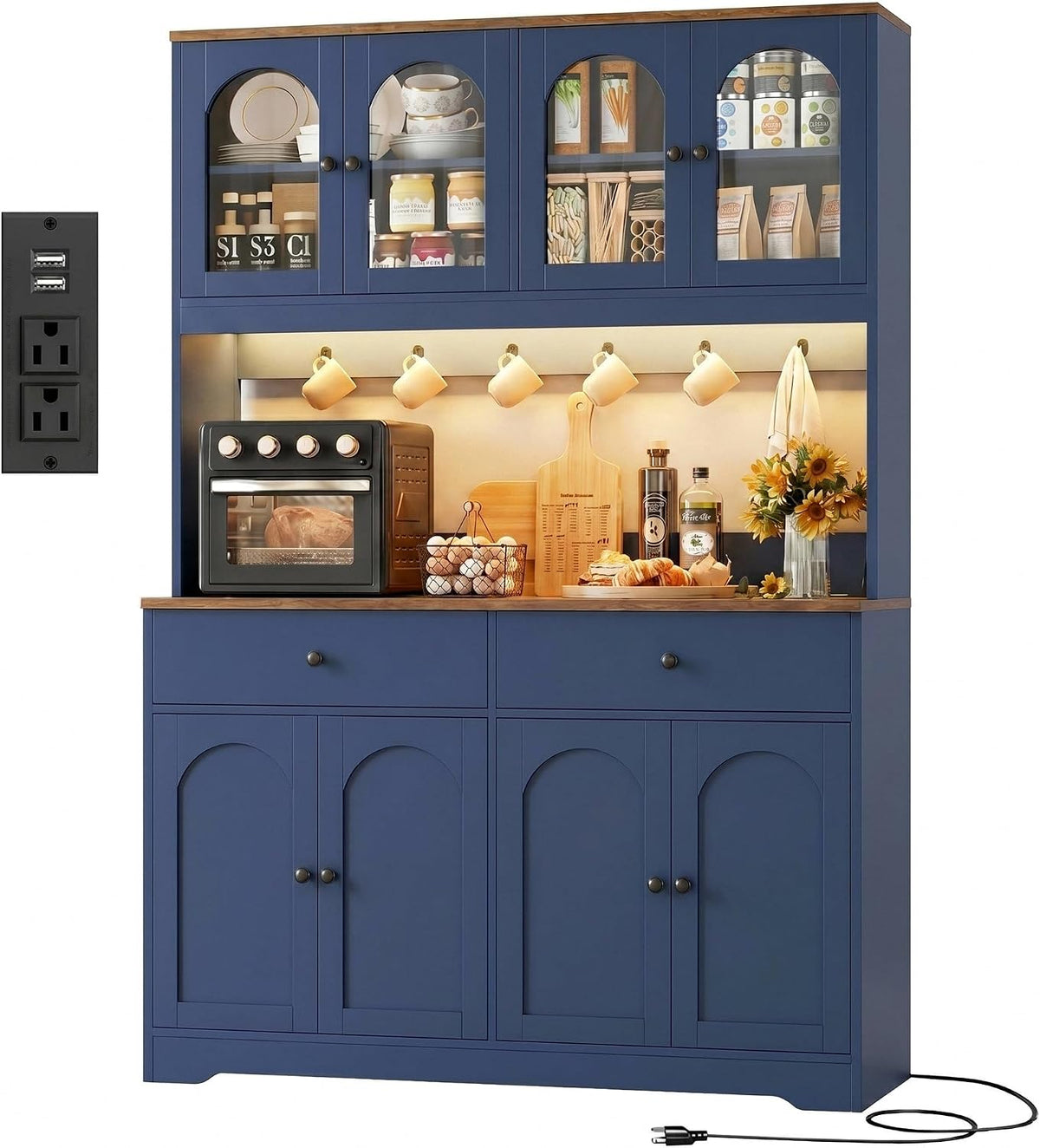 Blue version of the pantry on white background with wood-tone countertop, power cord and inset outlet panel.