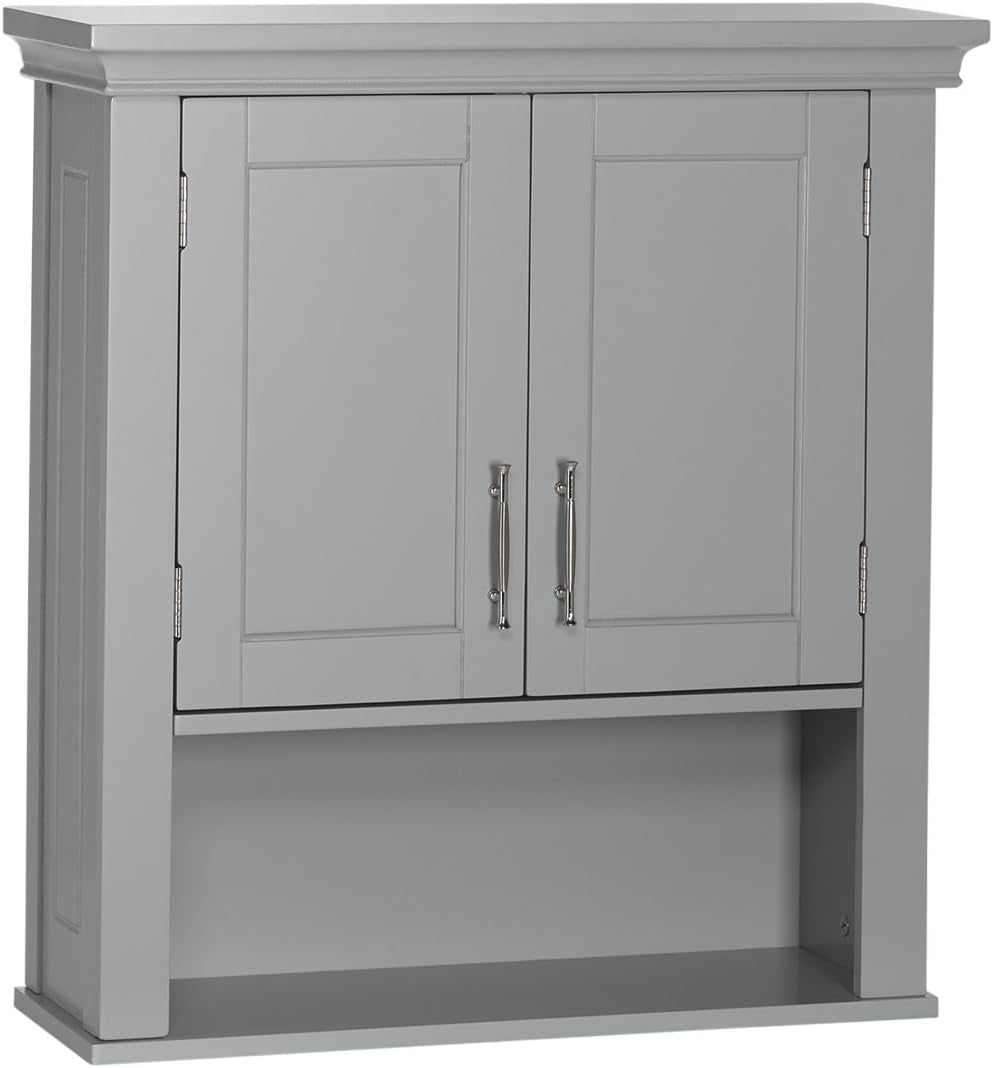 Front-facing gray two-door wall cabinet with metal handles and an open shelf beneath