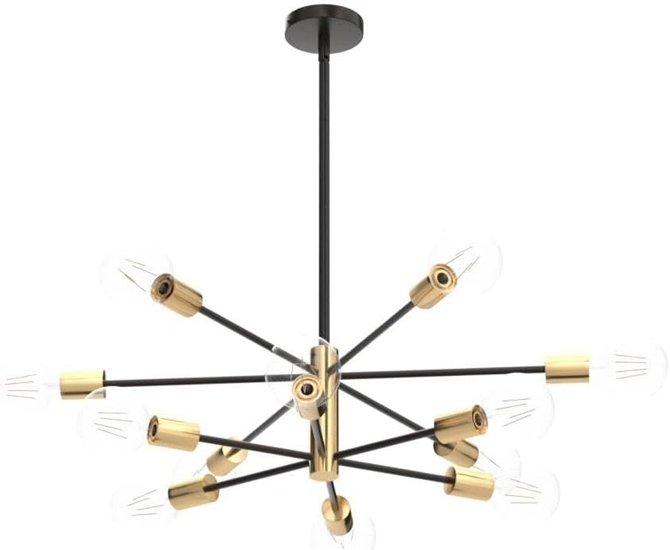 Studio render of metal sputnik chandelier with black rods and brushed gold sockets, angled top view