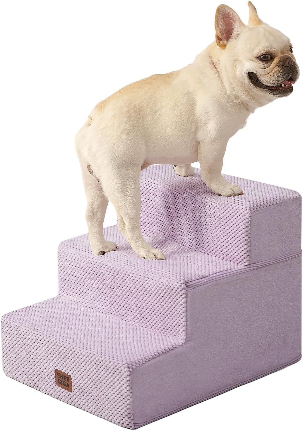 Three-step foam pet stairs in light lavender with a small cream French bulldog standing on the top steps.