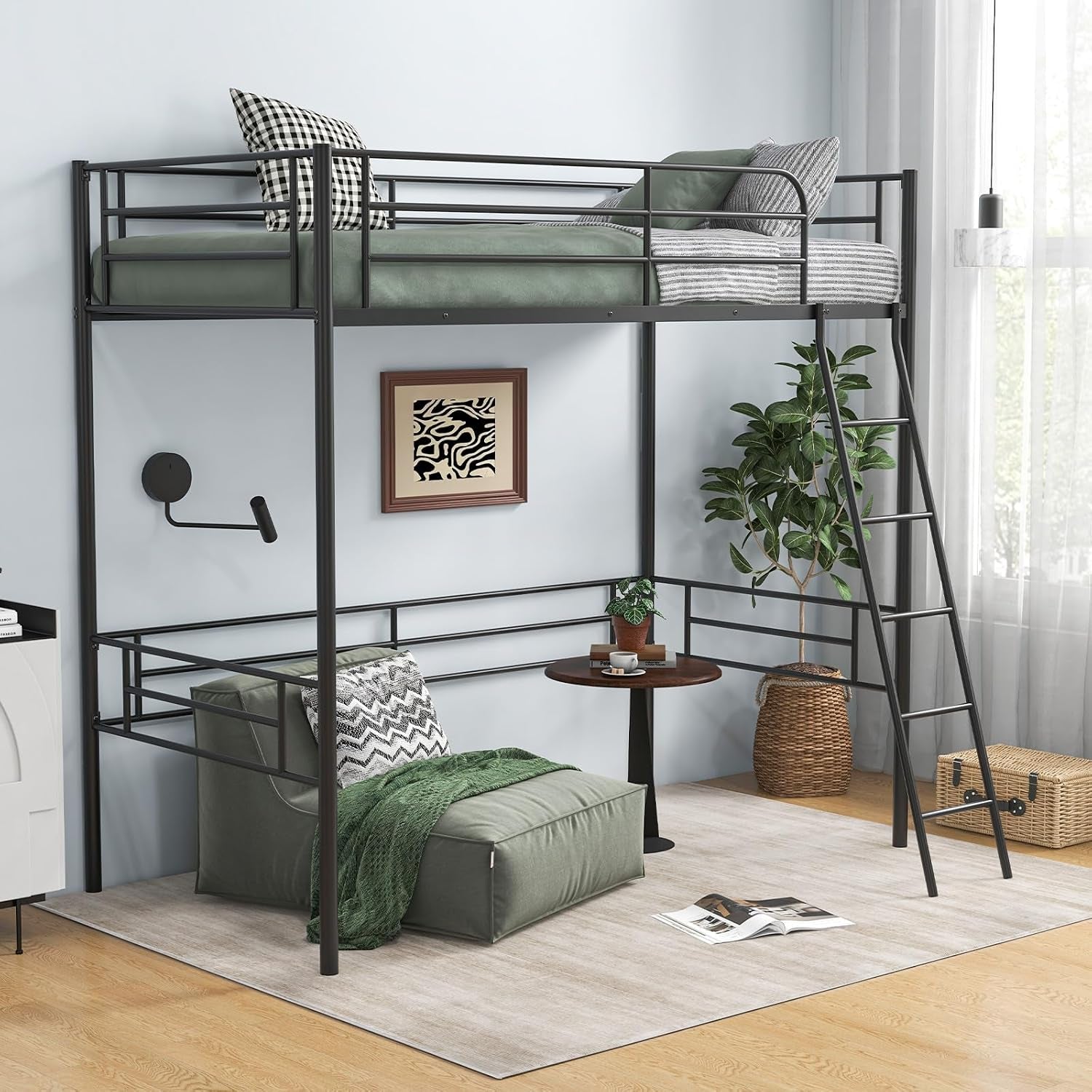 Black metal twin loft bed staged in a light room with ladder, green floor cushion and small table beneath.