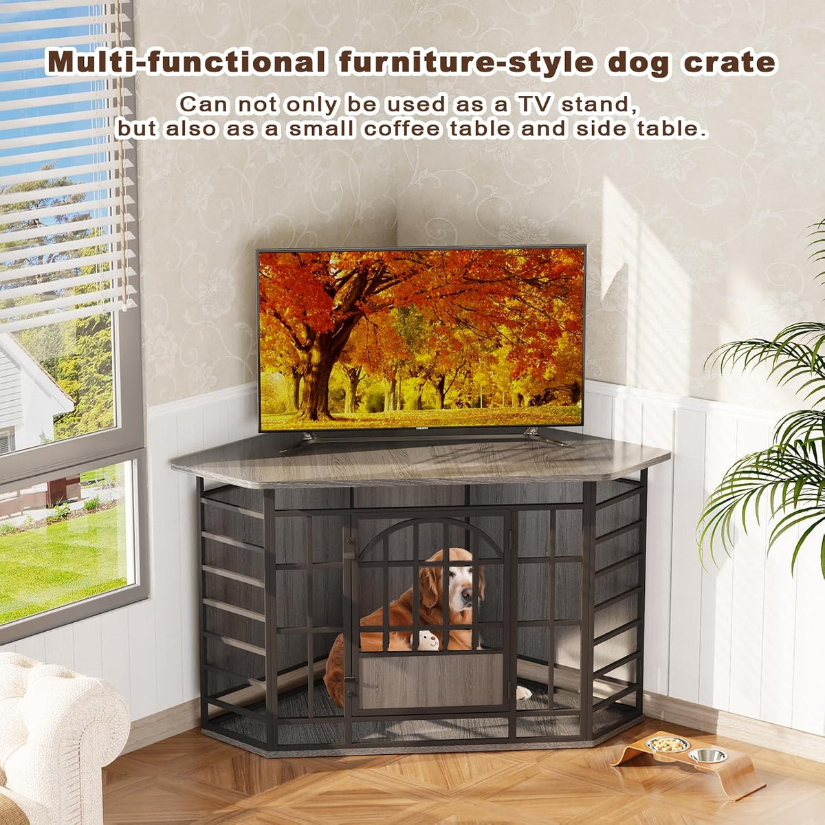 Corner TV-stand dog crate in gray wood with black metal frame, TV on top and a dog visible inside