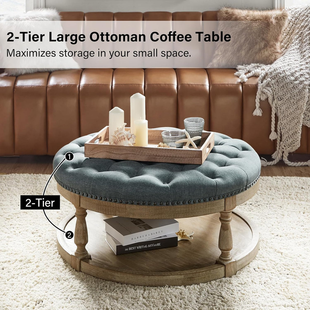 Close-up of tufted blue fabric top and wooden base of the round ottoman showing button tufting and nailhead trim
