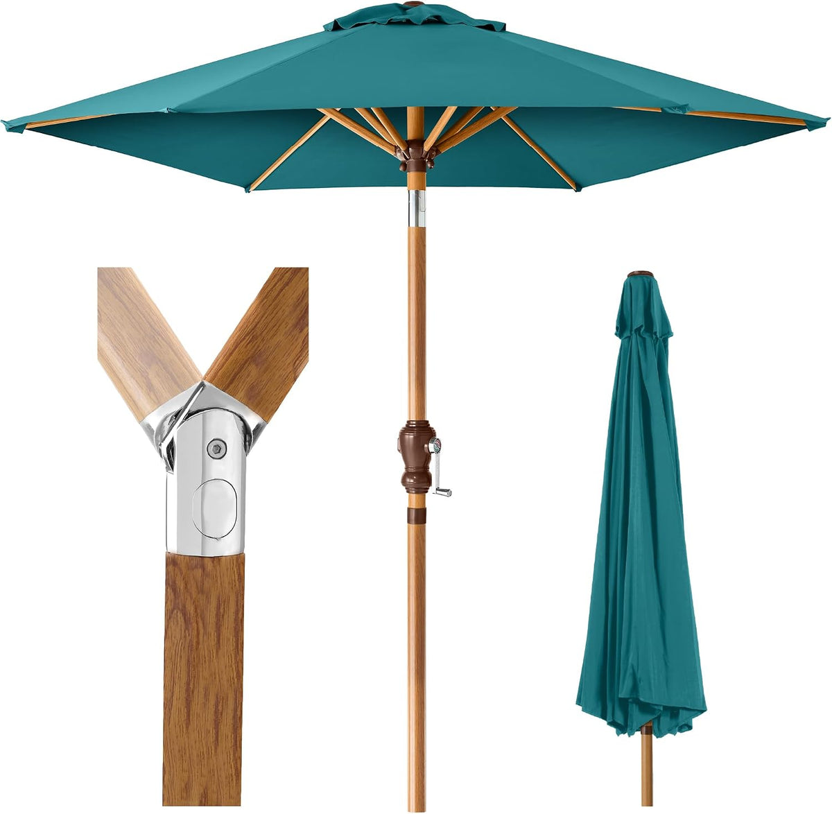 Teal canopy with wood-finish pole and close-up of wood rib joint and crank