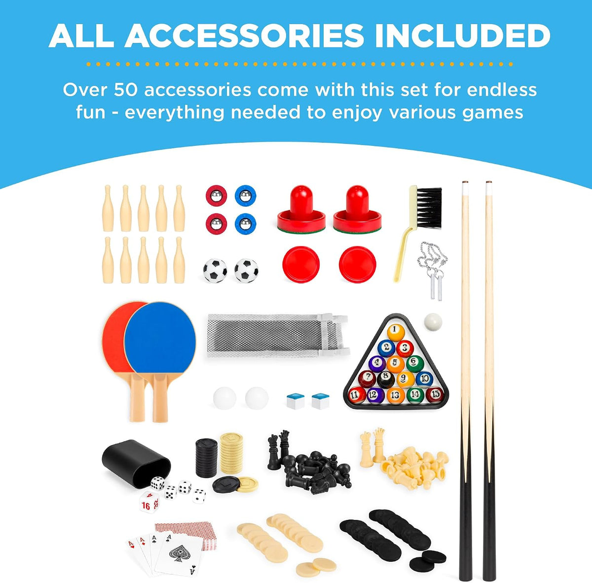 Overhead layout of included accessories showing paddles, cues, balls, pins, chess pieces, cards and chips