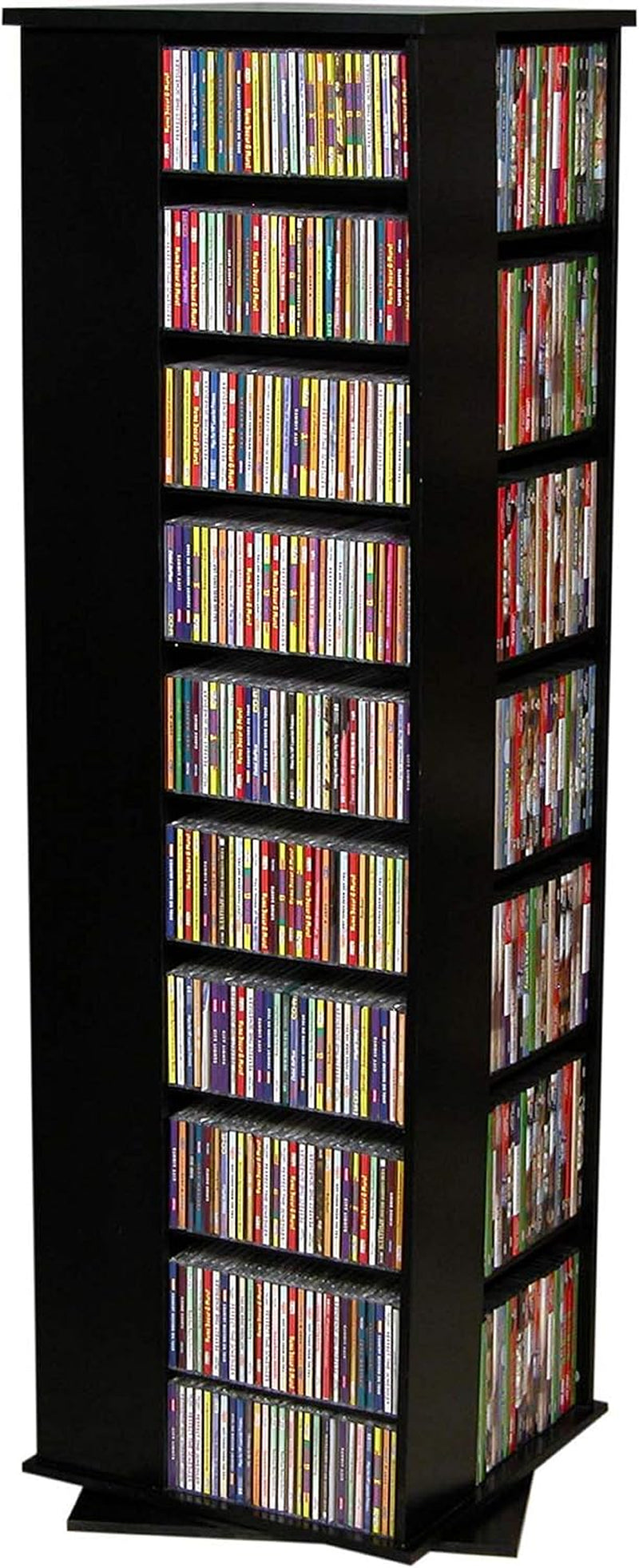 Black four-sided revolving media tower angled front view filled with CDs on all sides.