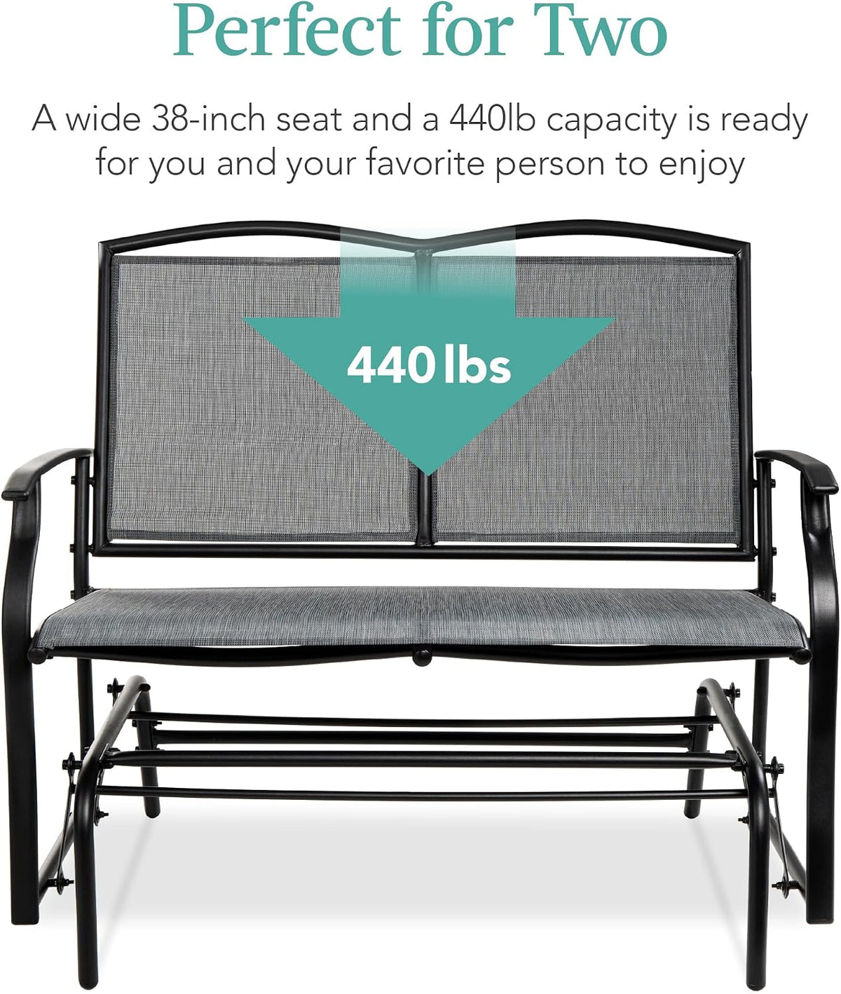 Front view of dark gray mesh swing glider bench with a 440-pound capacity graphic