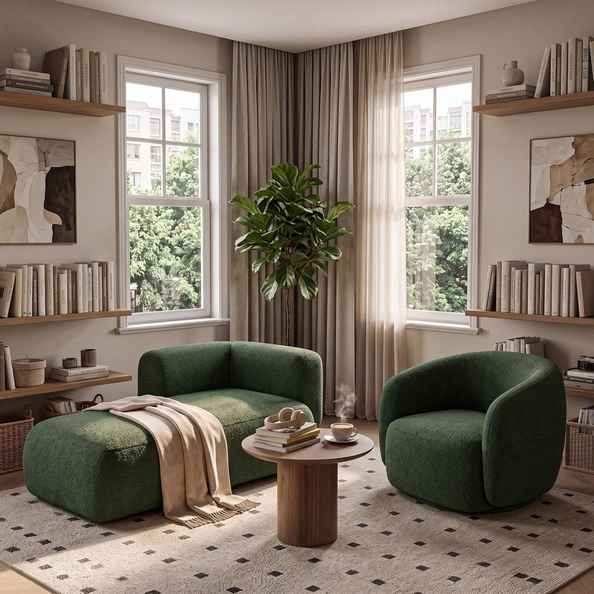 Green boucle chaise and matching rounded chair in a cozy corner with tall windows, plant, and wooden shelving.
