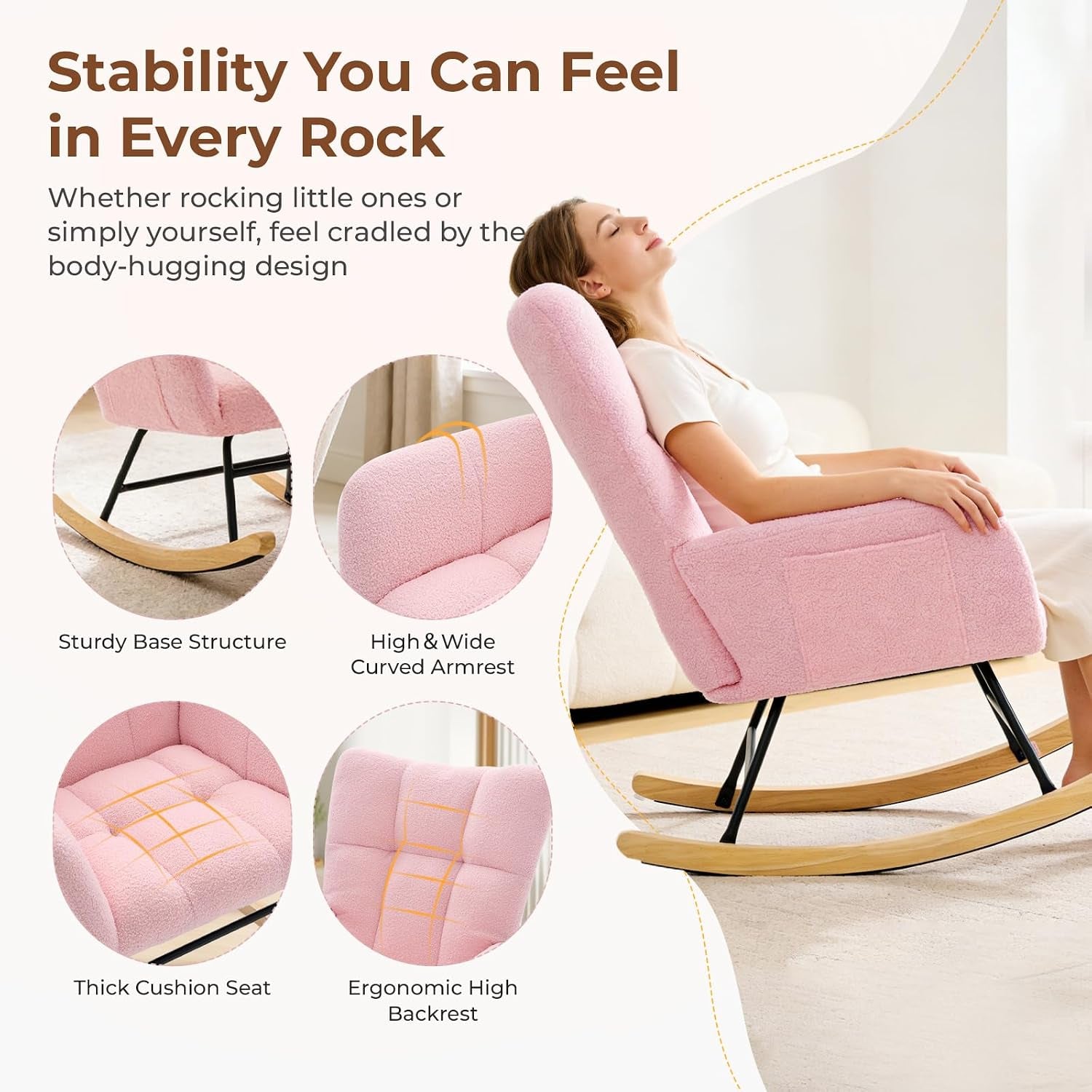 Lifestyle image of person reclining in pink teddy rocking chair highlighting high back and armrests