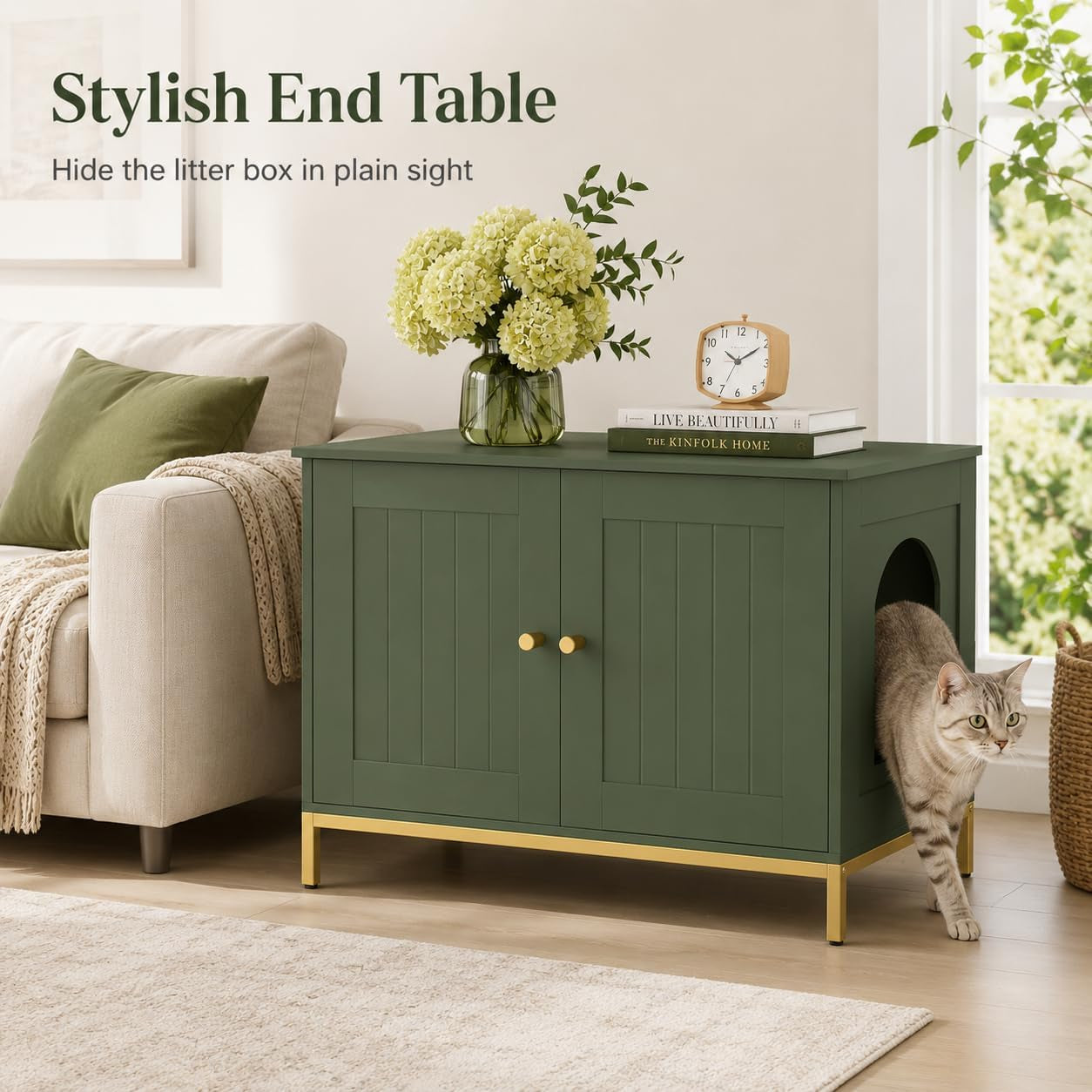 End table placement next to a sofa with a cat exiting the arched side opening and decor on top.
