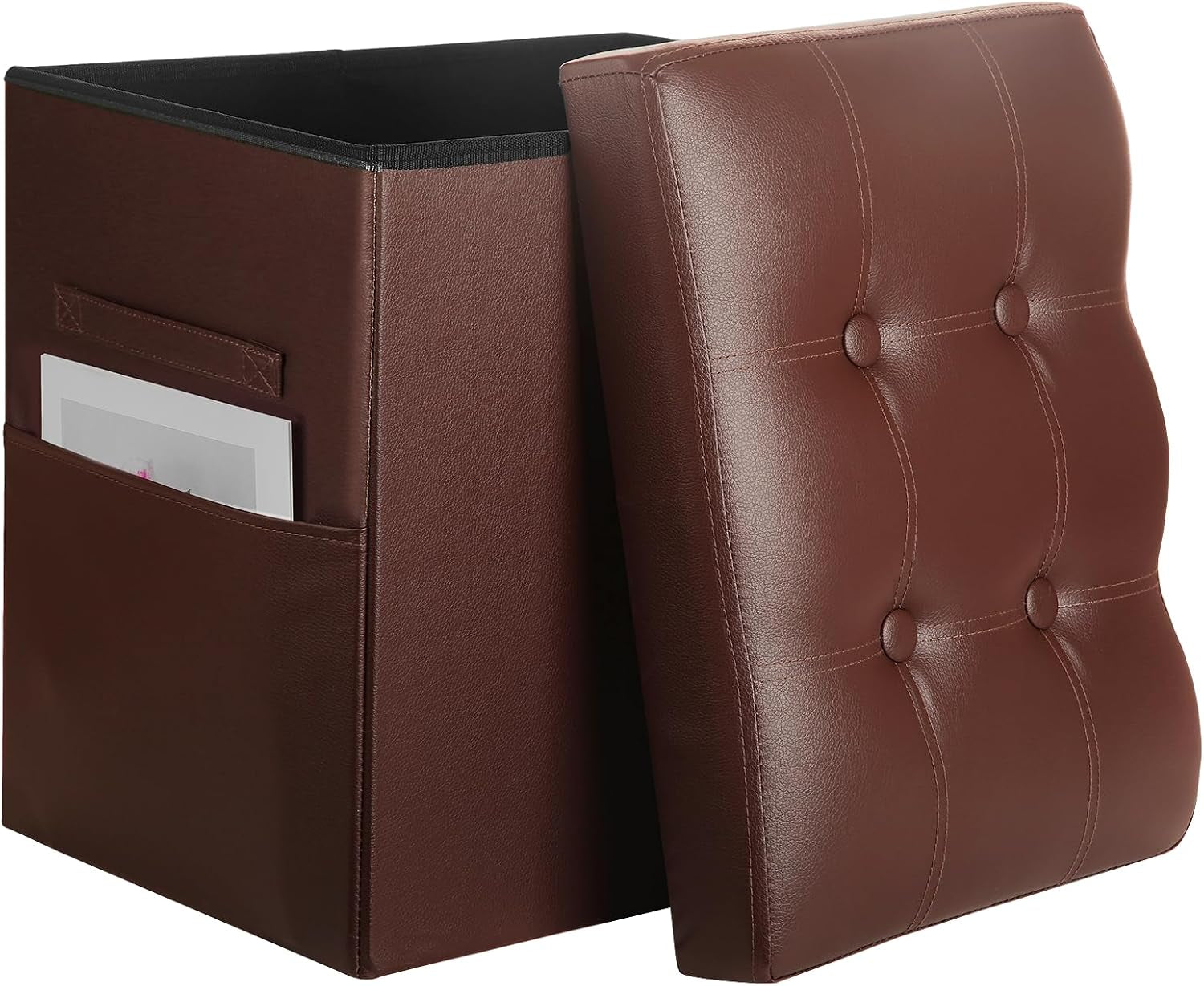 Open brown storage ottoman with black interior and tufted lid propped against the box showing side pocket and handle
