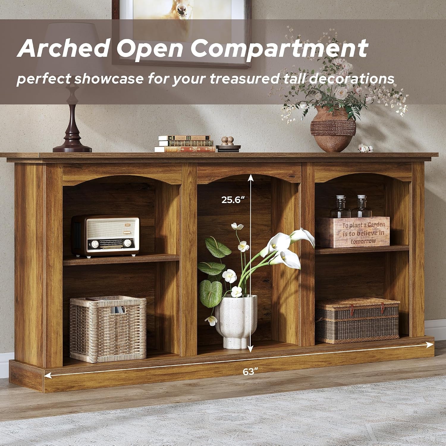 Promotional shot highlighting arched open compartments and tall center opening for decorative vases, labeled 63-inch width