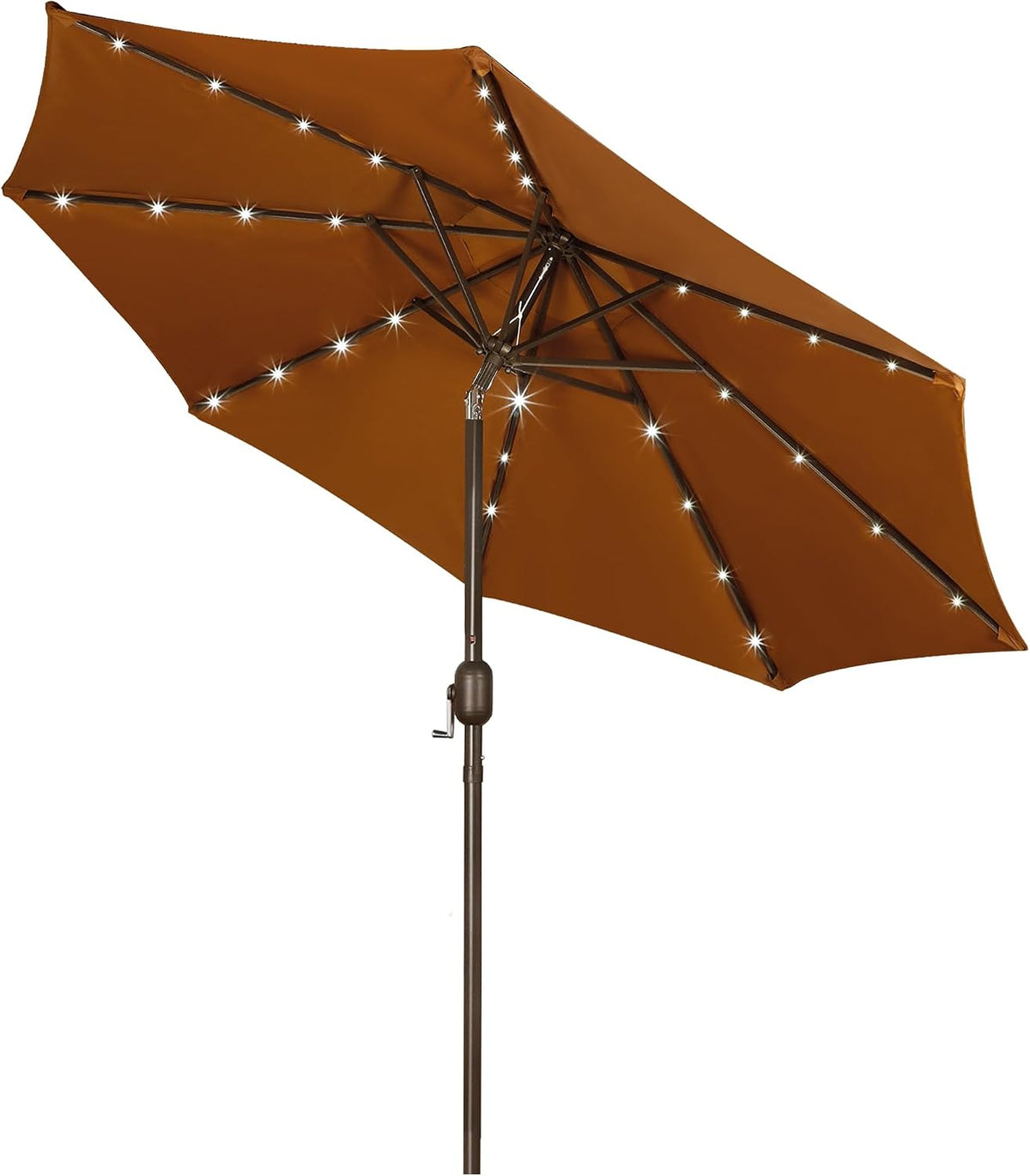 Deep rust-orange patio umbrella open showing LED lights on each rib and the brown crank pole.