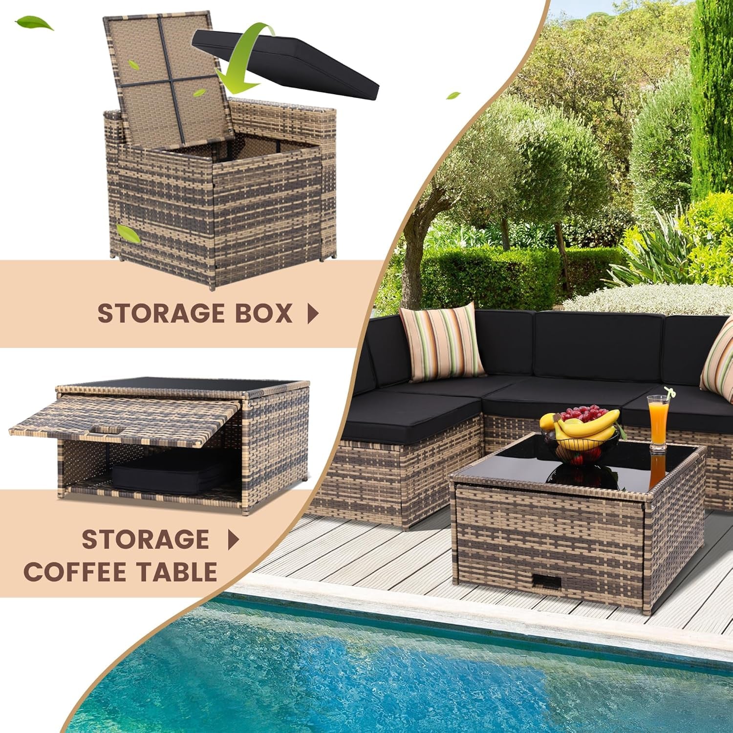Collage showing the coffee table with embedded tempered glass top and a lifted cushion storage box demonstration