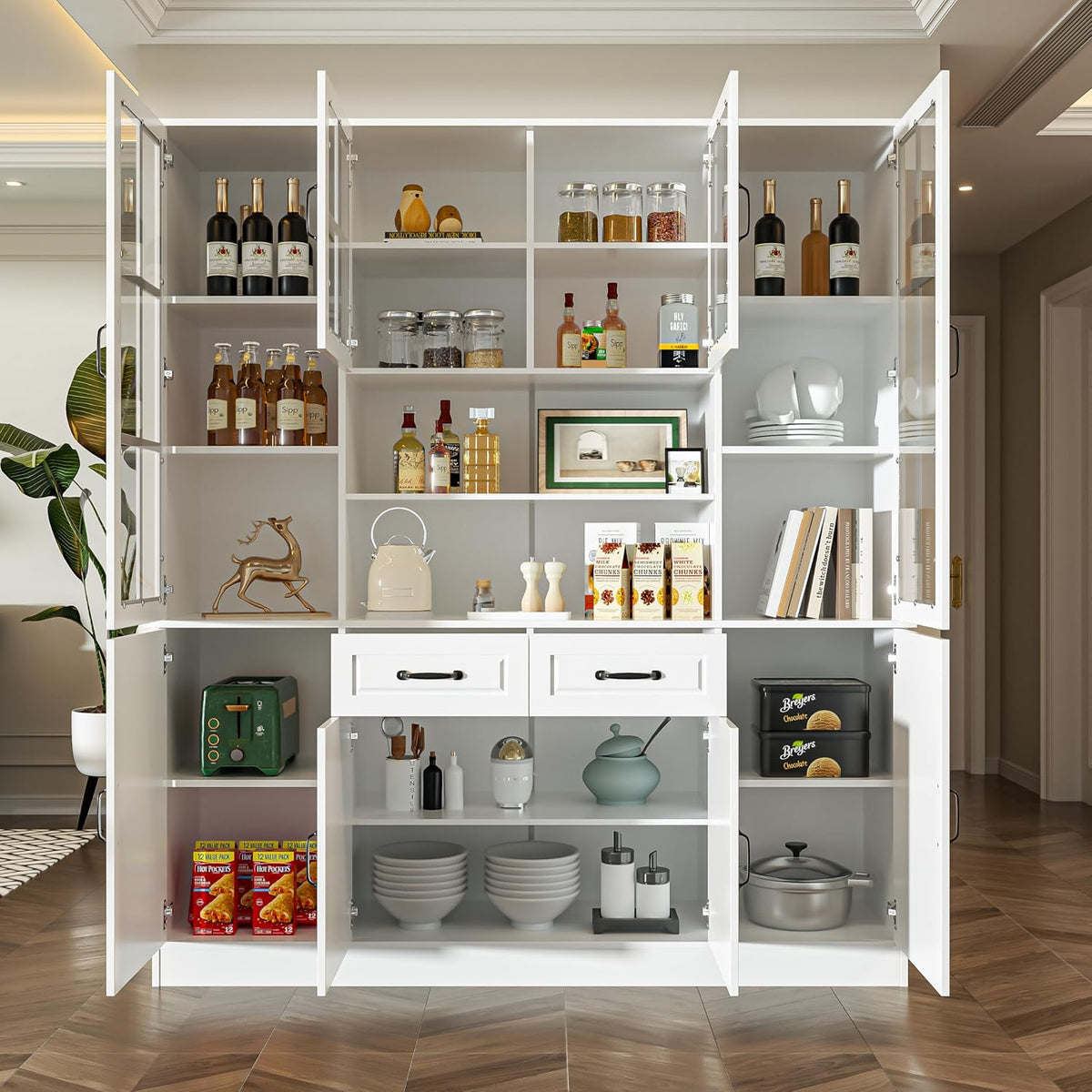 Interior view of the hutch with open upper and lower doors showing adjustable shelving and staged dishes