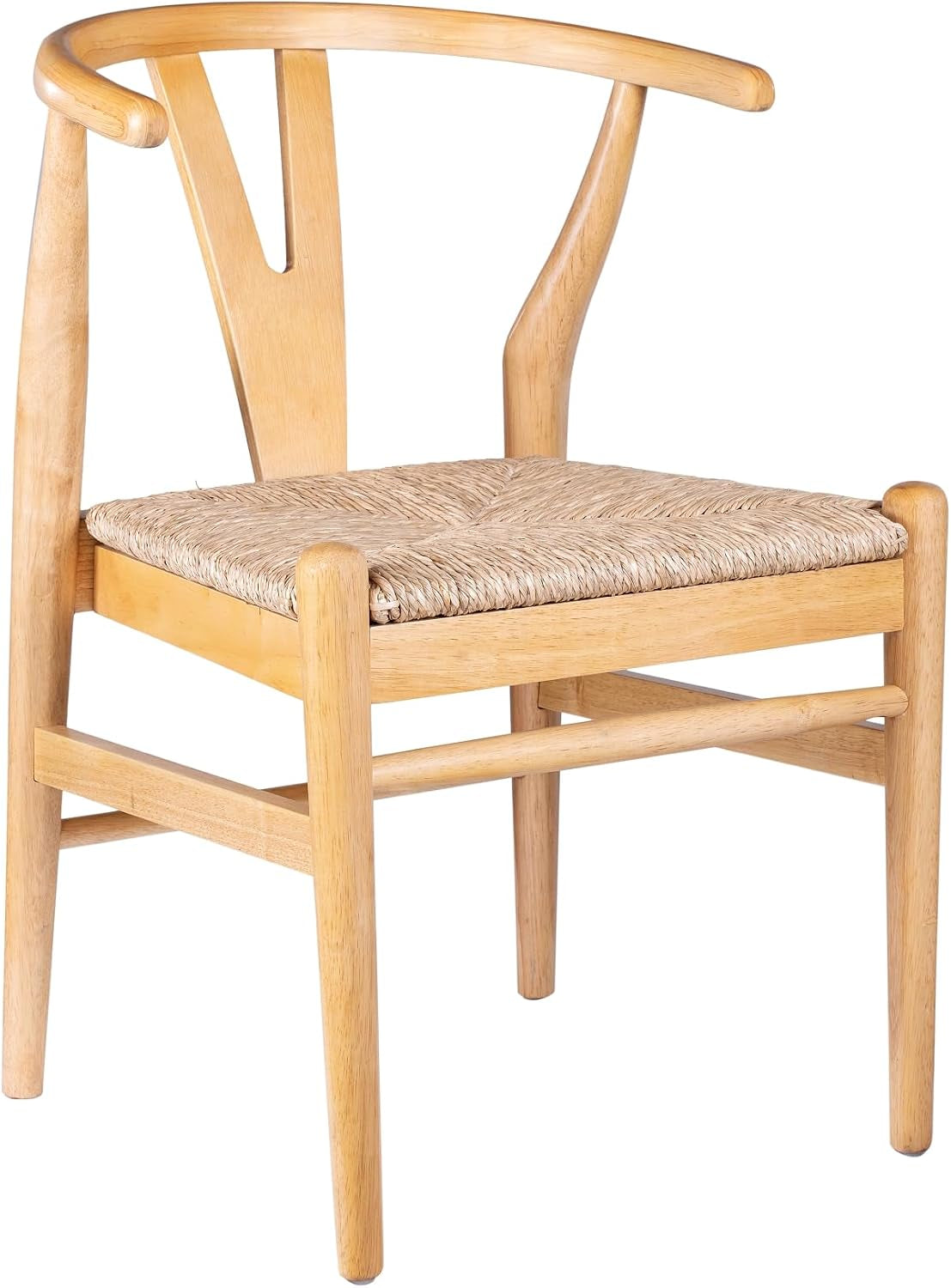 Angled close-up of a single natural wood wishbone dining chair highlighting its curved back and woven paper rope seat