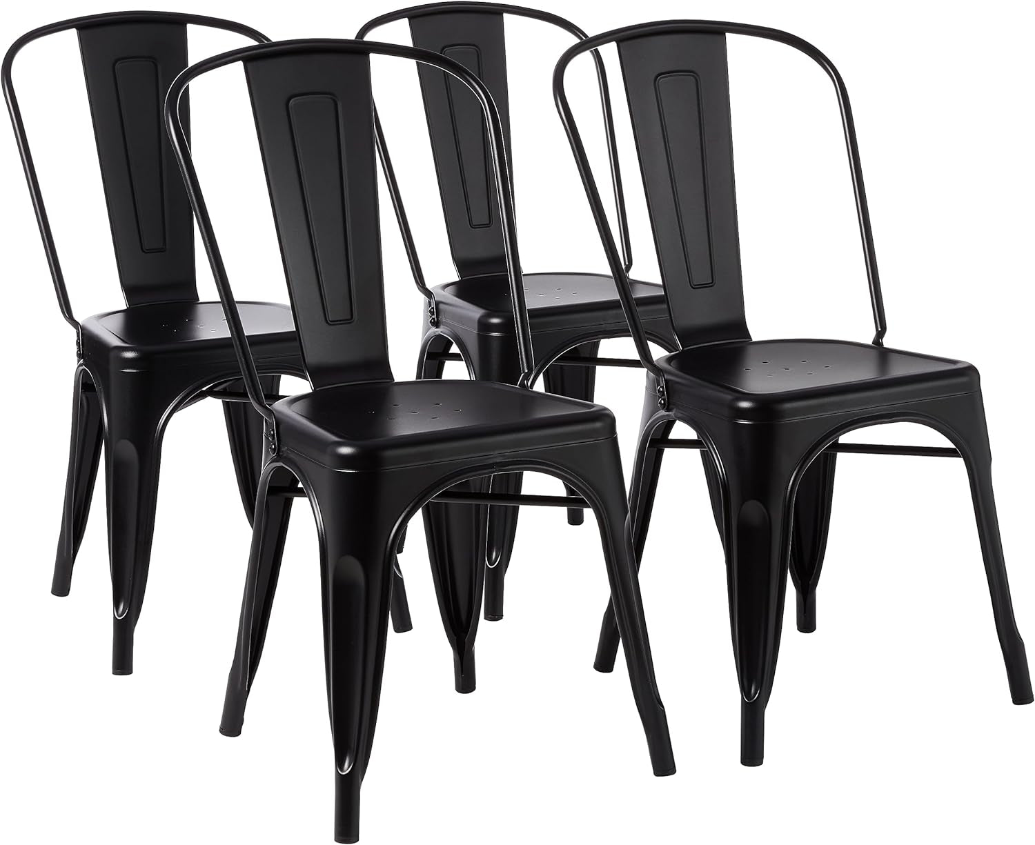 Four stacked-style metal dining chairs arranged together on a white background