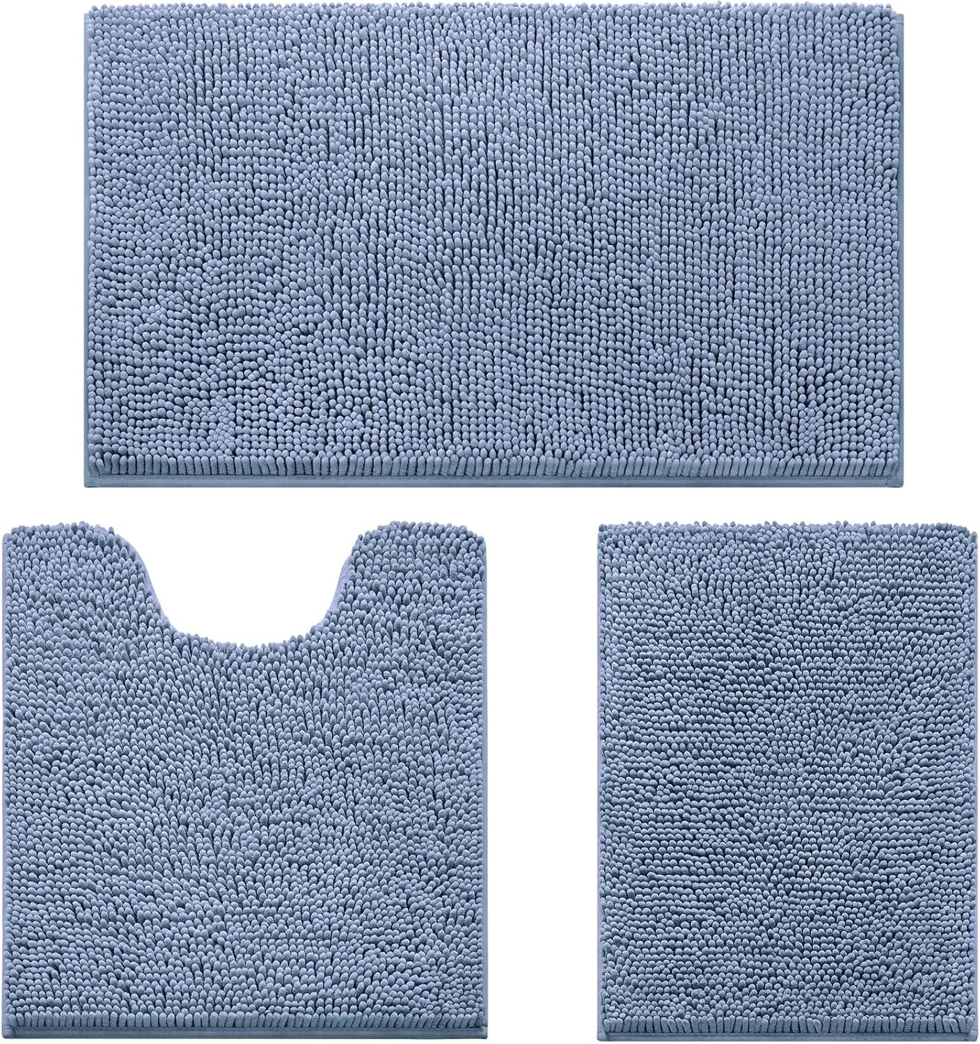Three-piece light blue chenille bath rug set shown flat: large rectangular, U-shaped toilet mat, and small rectangular mat