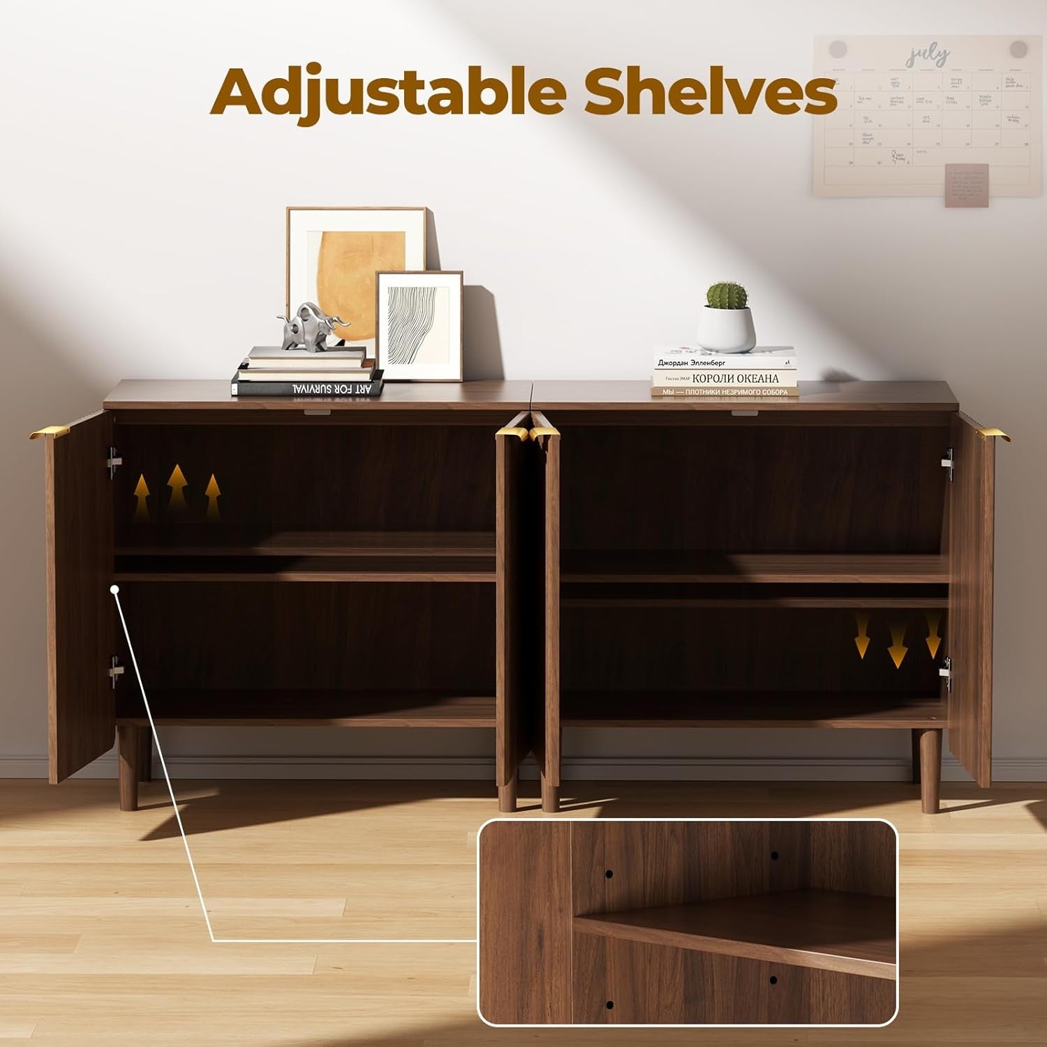 Interior view with both doors open showing two adjustable shelf levels and a close-up inset of shelf peg holes