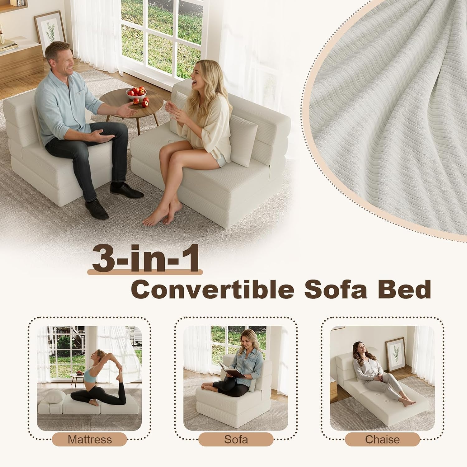 Living room scene with two beige corduroy folding chairs used as seating and close-up fabric texture