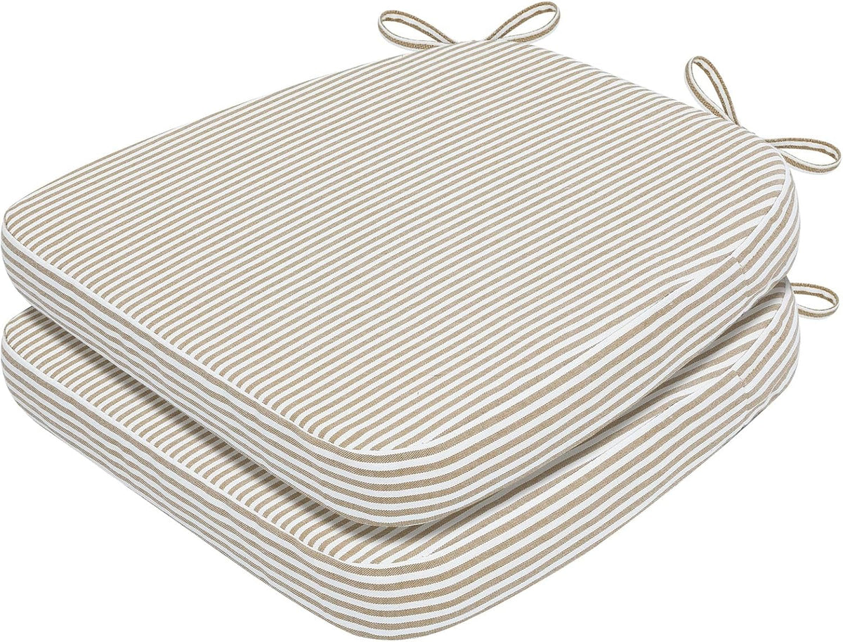Two stacked D-shaped chair cushions in white and beige thin horizontal stripes with tied corner loops.