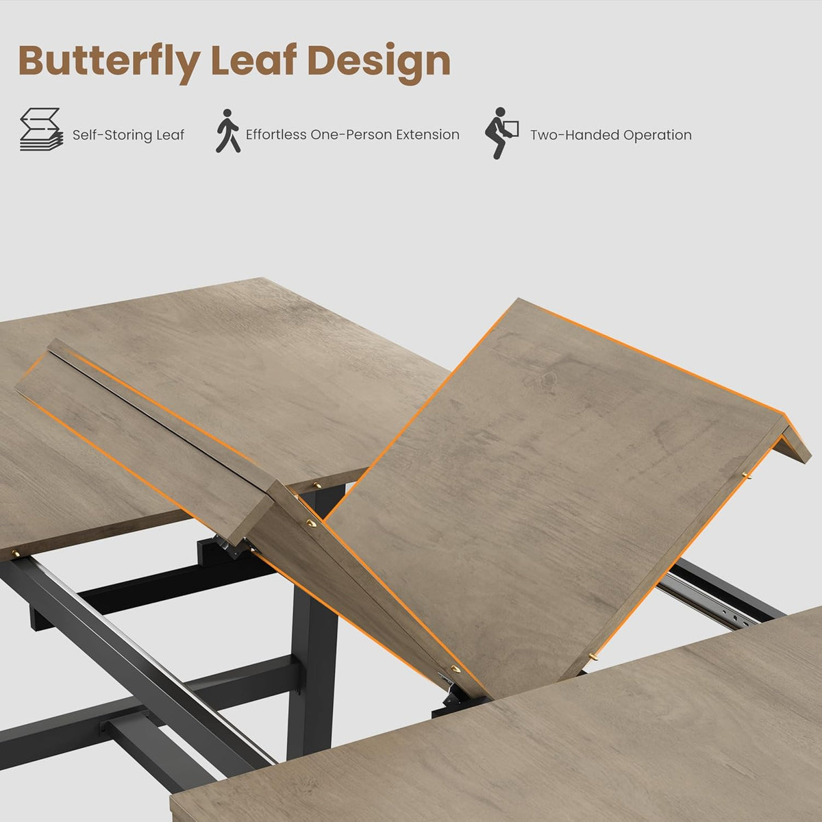 Butterfly leaf folding open halfway under the laminate top, showing self-storing leaf and metal hinge detail