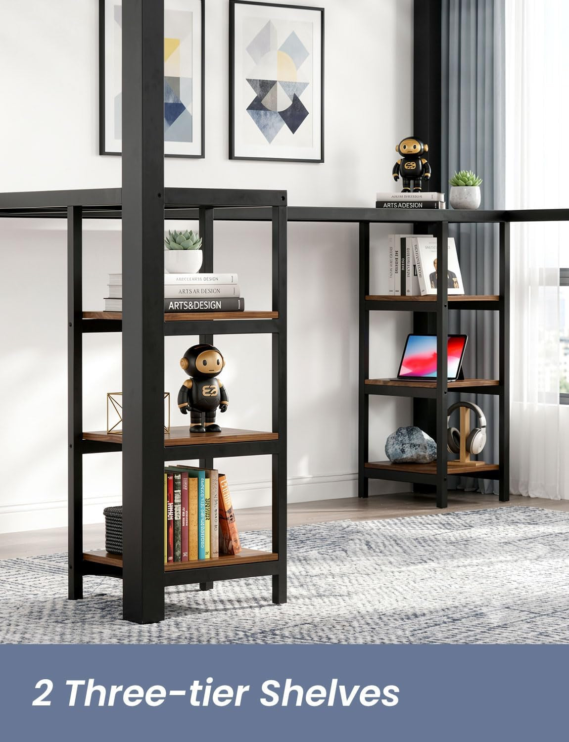 Two metal-framed three-tier shelves with wood shelves under an L-shaped loft desk, staged with books and decor.