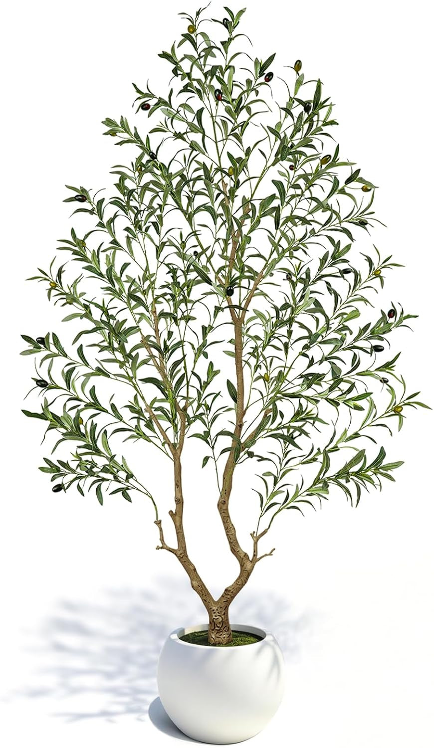 Artificial olive tree with silk-blend leaves and visible olives in a white round planter, front view on a white background