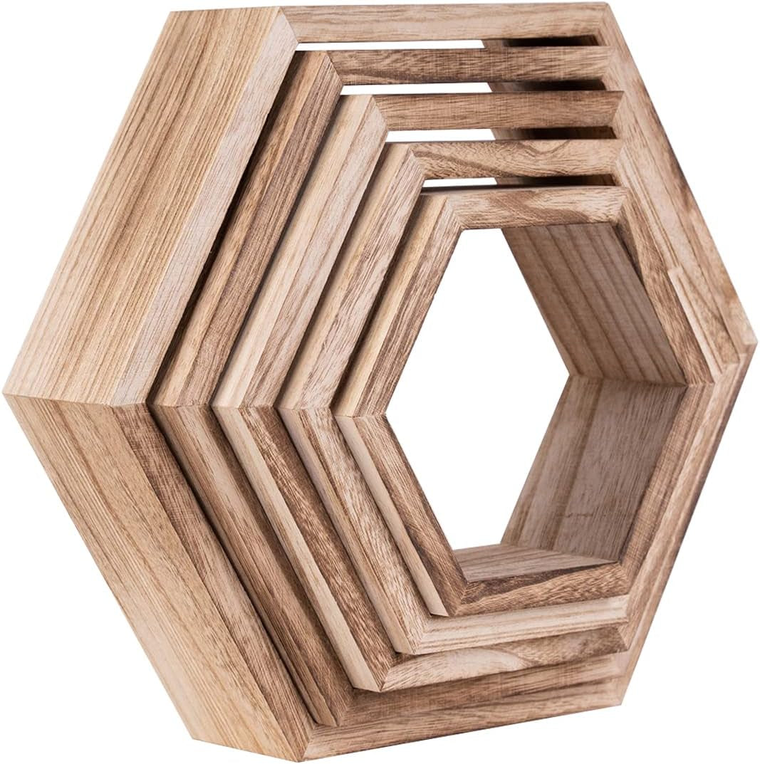 Stacked nested hex shelves pictured at an angled close-up showing thickness and wood texture