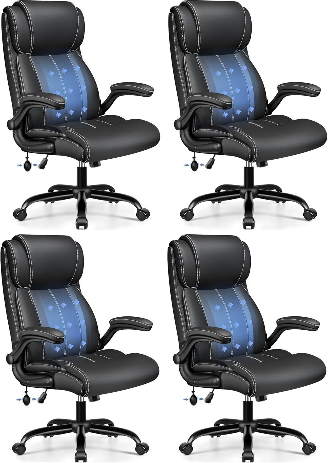 Cropped set of four black office chair views showing seat contours, headrest shape and lumbar support graphics.