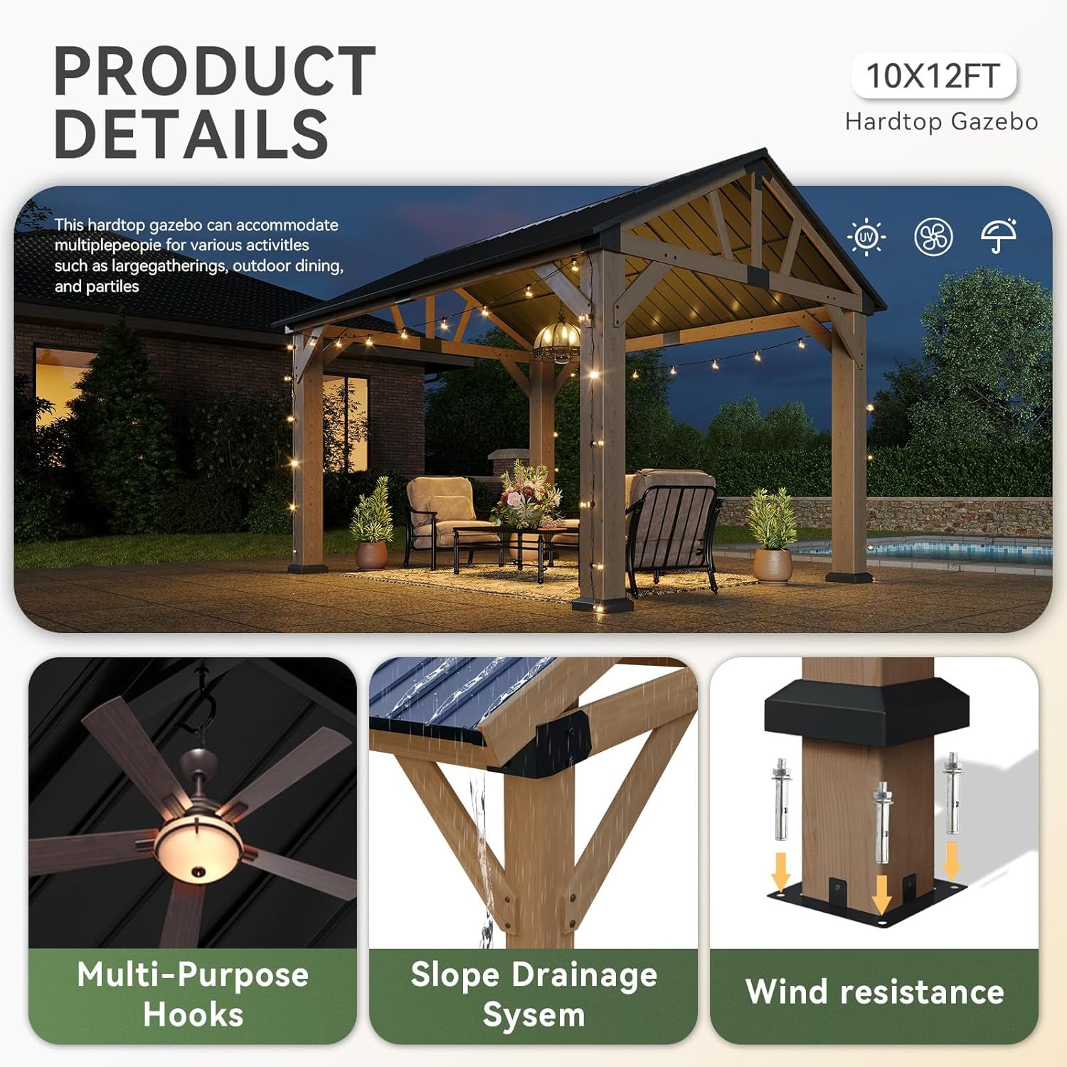 Evening scene of the 10' x 12' gazebo on a patio with string lights and inset feature icons
