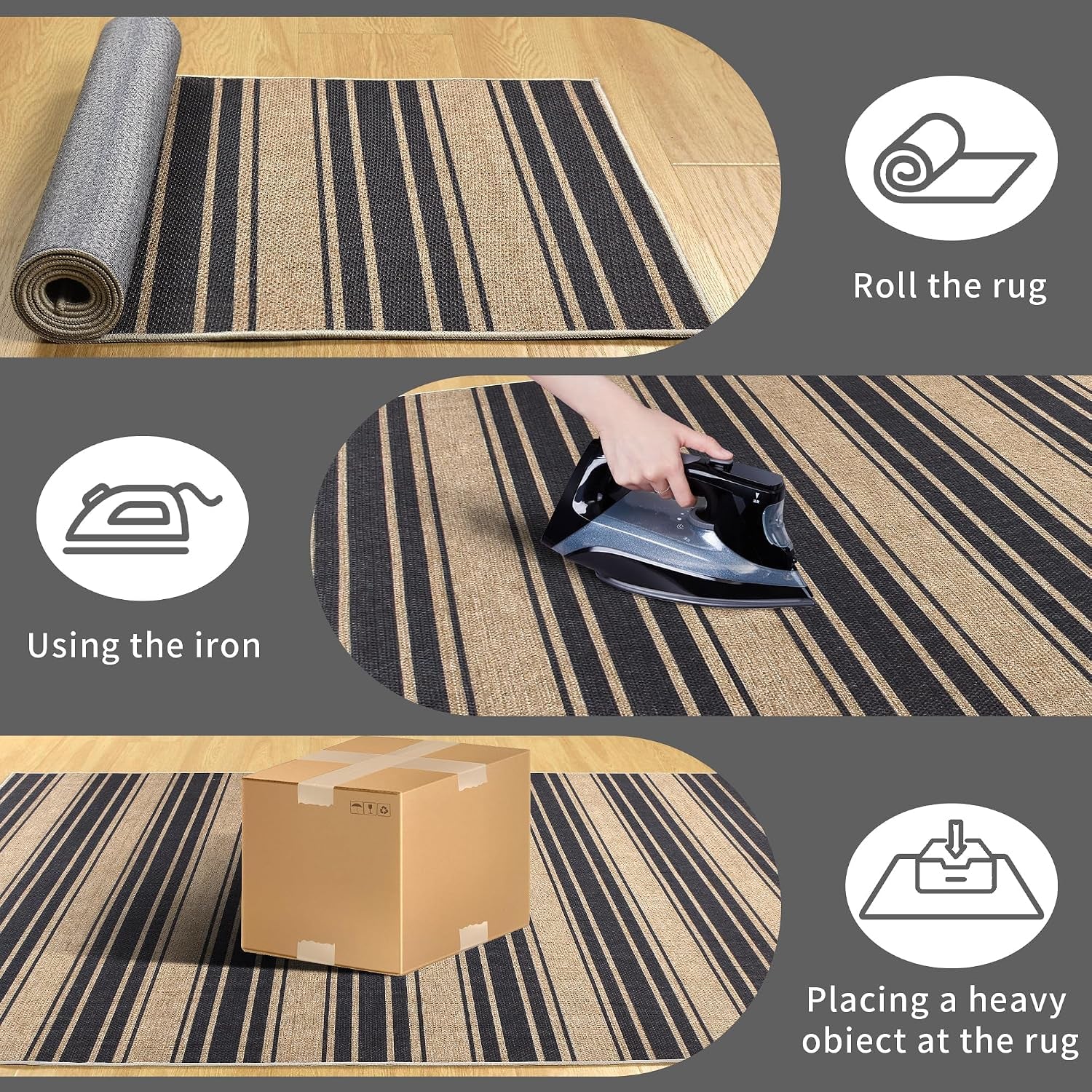 Collage showing a rolled edge of the striped rug, ironing and weight flattening demonstrations