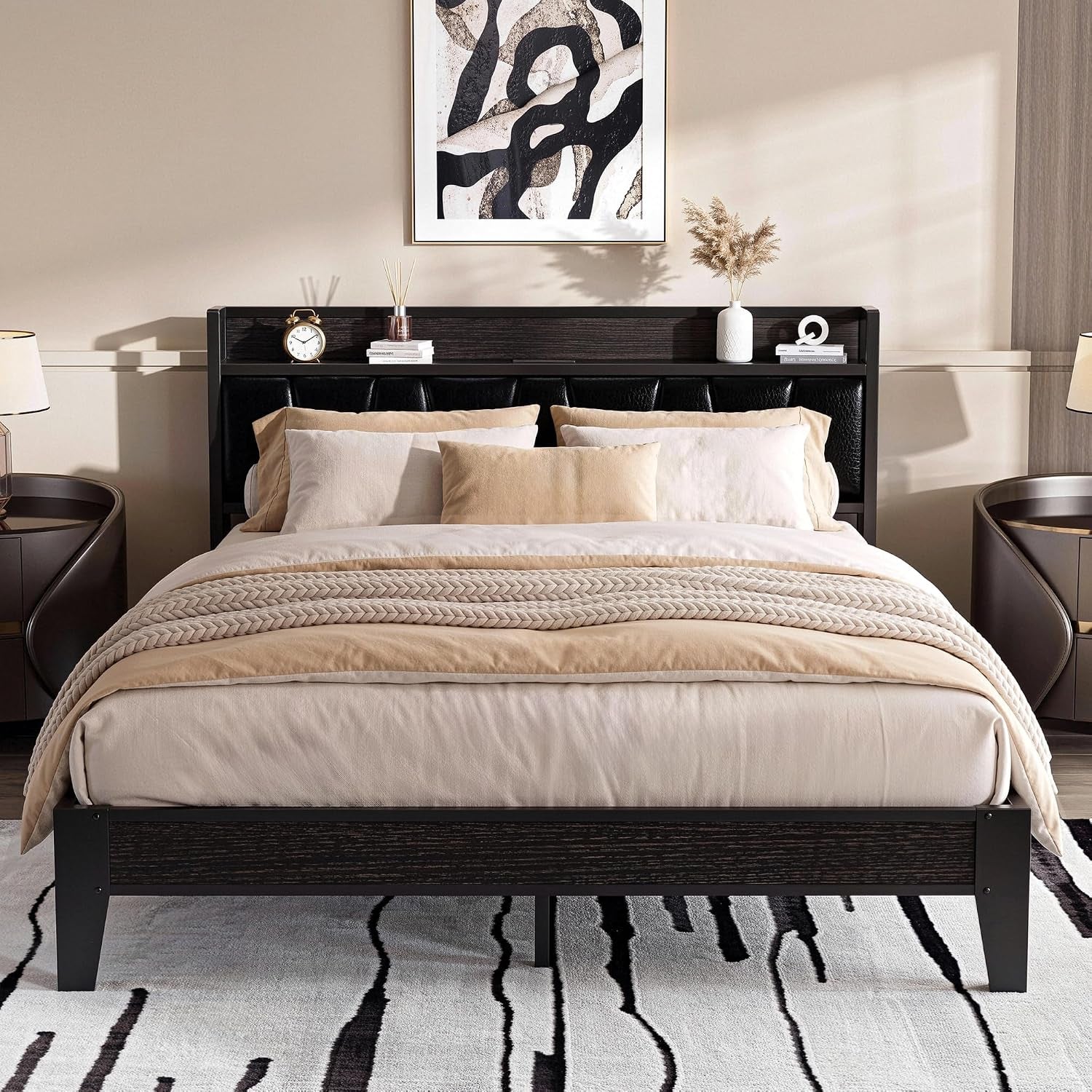 Front-facing bed with dark wood headboard shelf and black padded upholstery in a contemporary bedroom.