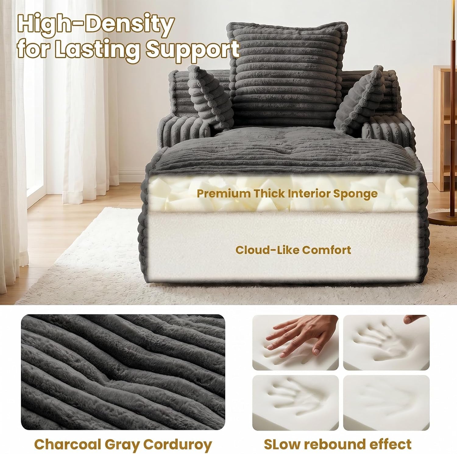 Charcoal gray deep-seat chaise lounge in a bright room with cutaway foam layers and fabric and memory-foam detail images