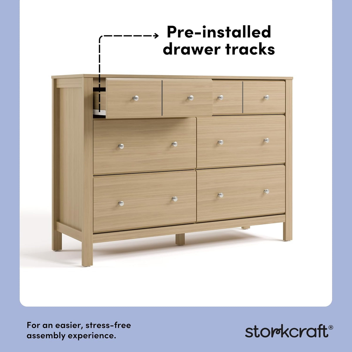 Angled front view of light wood dresser with an open top drawer showing pre-installed drawer tracks