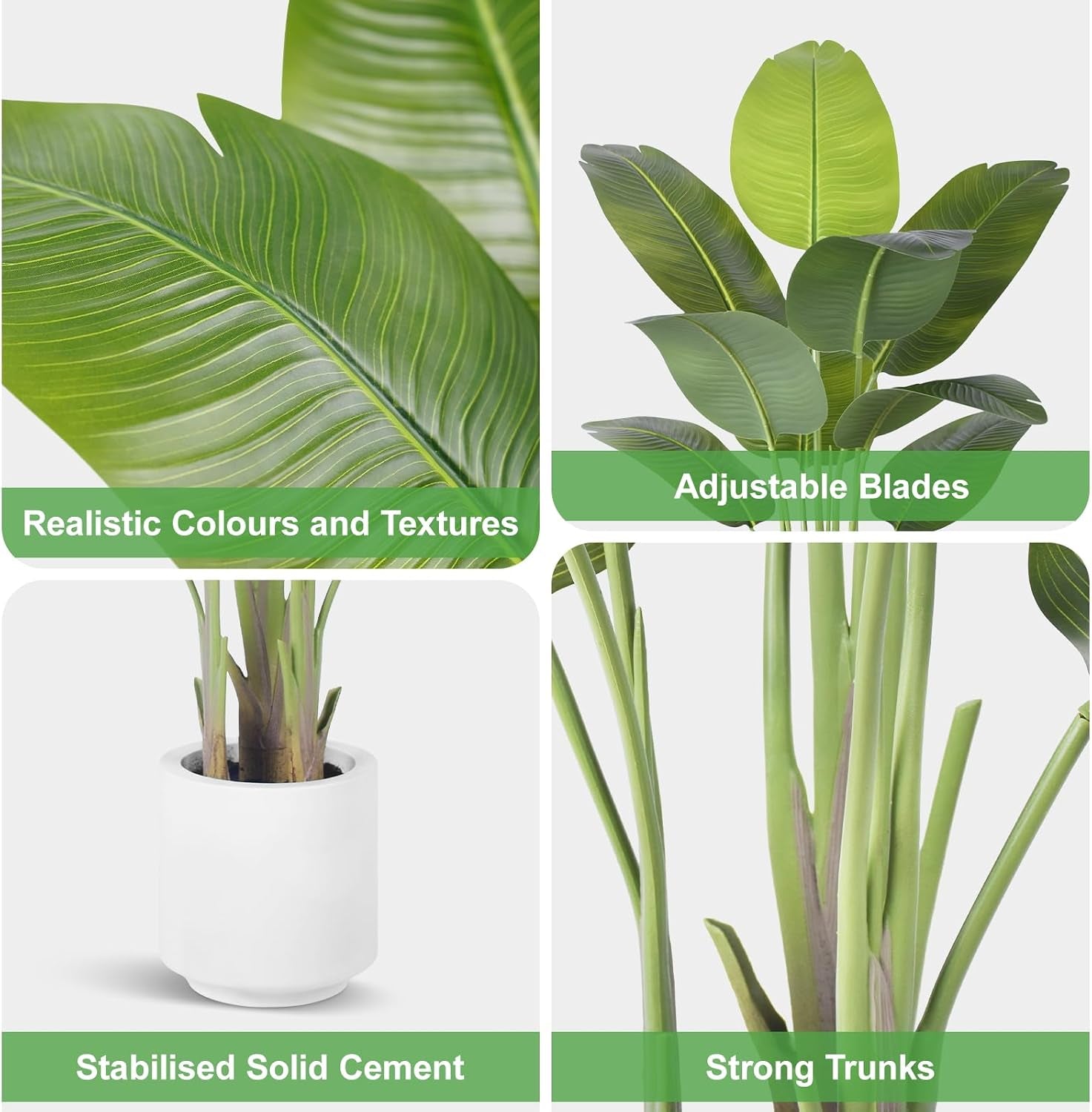 Close-up collage of leaf texture, adjustable stems, strong polyester trunks and the white cement-filled planter