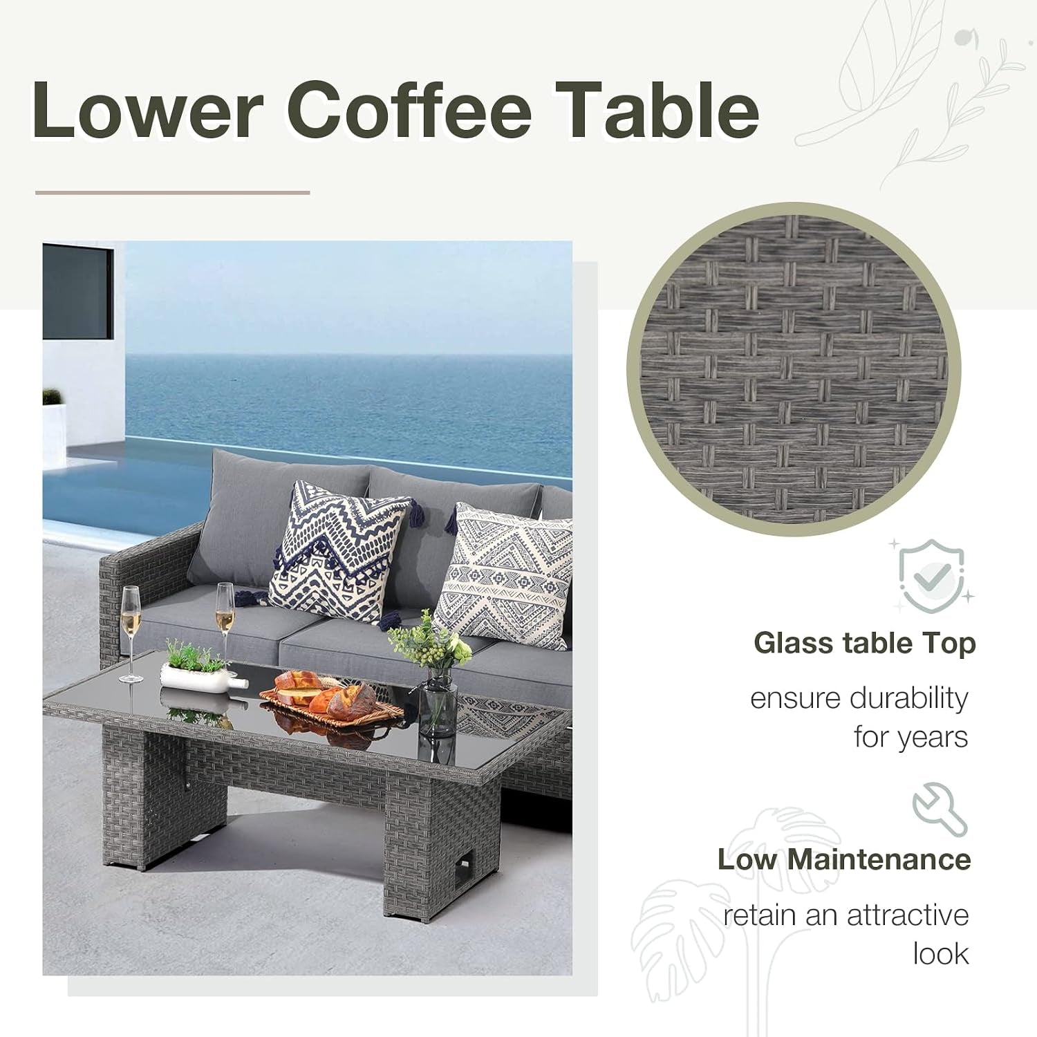 Lower coffee-table configuration of the grey resin wicker table with glass top and a close-up of the woven texture