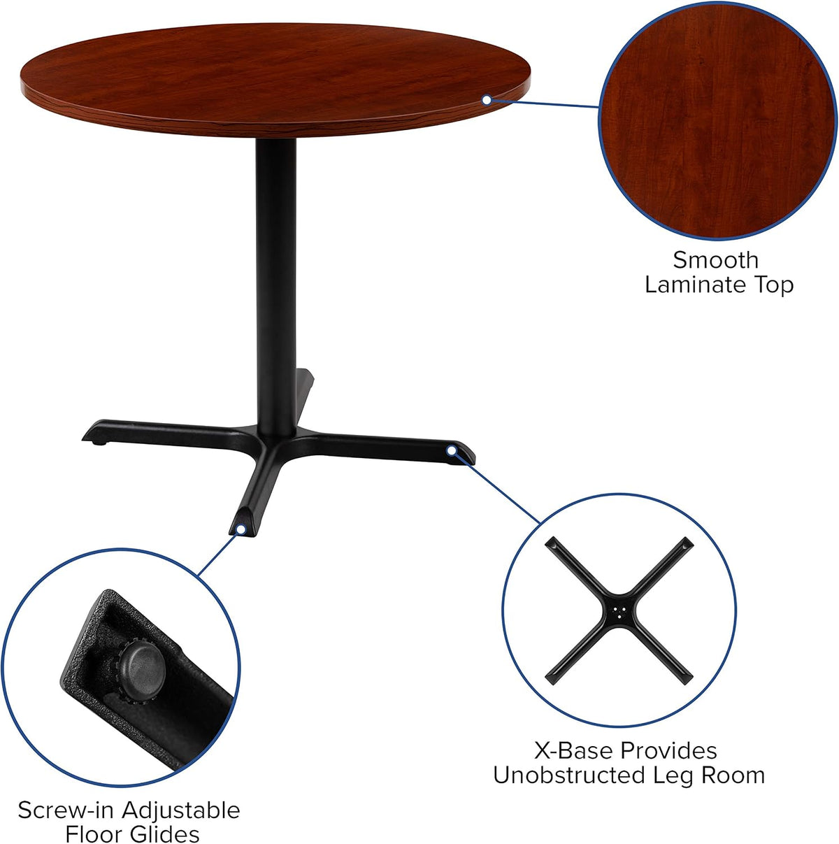 Round tabletop with inset callouts highlighting smooth laminate top, X-base and screw-in adjustable floor glides